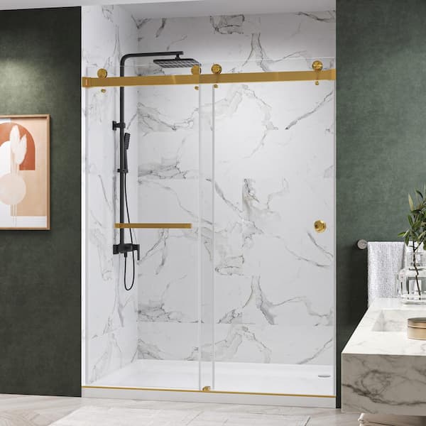 Kobiworks CatalystFP 72 in. W x 76 in. H Double Sliding Frameless Shower Door in Brushed Gold with 3/8 in. Clear Glass