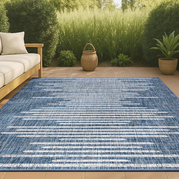 Zolak Berber Stripe Geometric Blue/Ivory 8 ft. x 10 ft. Indoor/Outdoor Area Rug