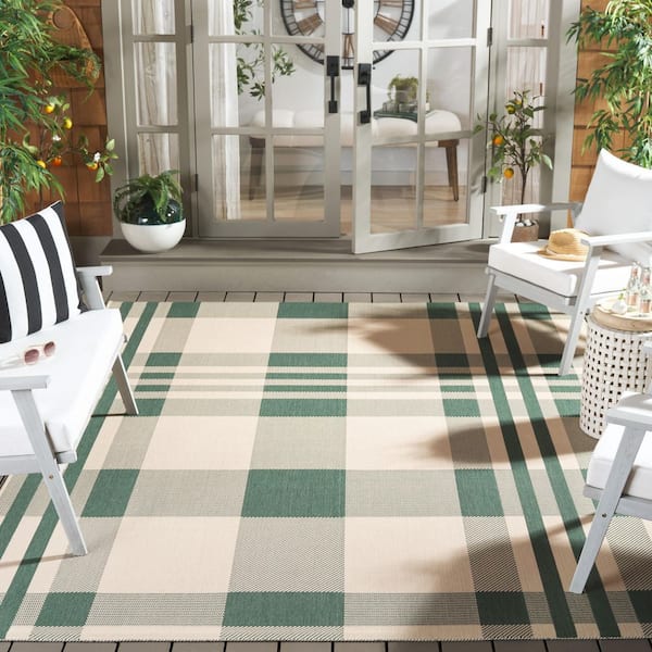 Courtyard Green/Beige 10 ft. x 14 ft. Plaid Indoor/Outdoor Area Rug