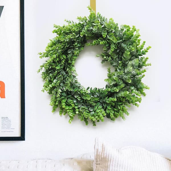 LIVING LUXURY 16 in. Frosted Green Artificial Eucalyptus Leaf Foliage Greenery Wreath