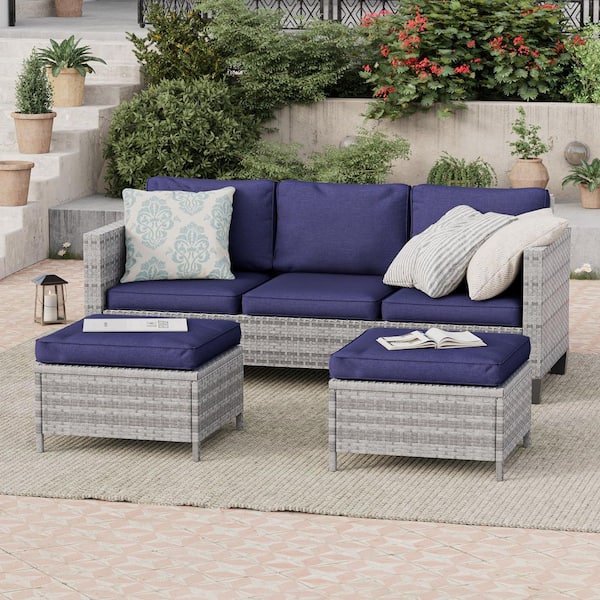 Sonkuki 3-Piece Grey Rattan Patio Sofa Set Outdoor Furniture Set 3-Seat Sofa Ottomans With Cushions, Navy Blue