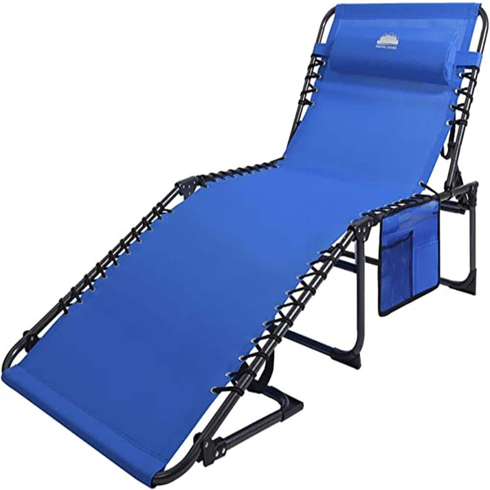 Folding Blue Chaise Lounge Chair with Pillow and Storage Bag in Black Frame