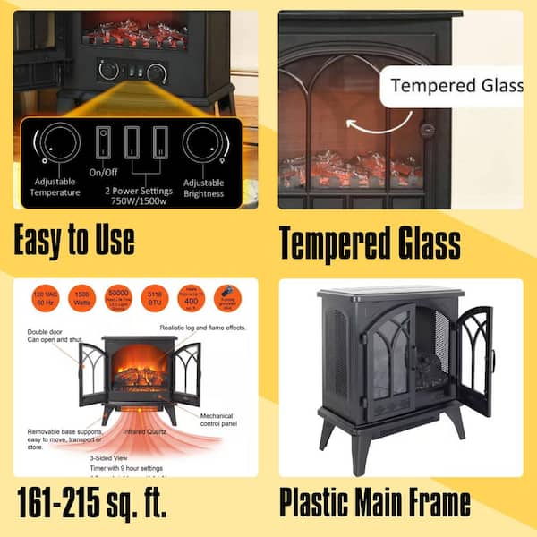 24 in. 3D Flame Freestanding Electric Fireplace in Black Infrared Quartz Stove with Remote Control