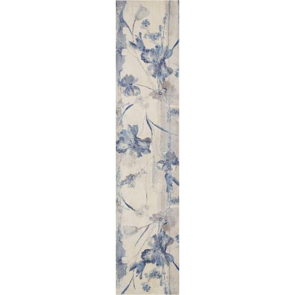 Nourison Somerset Ivory Blue 2 ft. x 10 ft. Floral Contemporary Runner Area Rug
