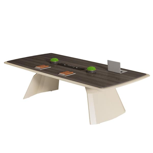 Moronia 94.5 in. Extra Large Rectangular Dark Brown & Beige Conference Desk Table with USB Ports for Meeting, Boardroom