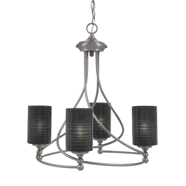 Unbranded Royale 4-Light Brushed Nickel Chandelier, Round Chandelier with 4 in. Black Matrix Glass Shades, No bulbs included