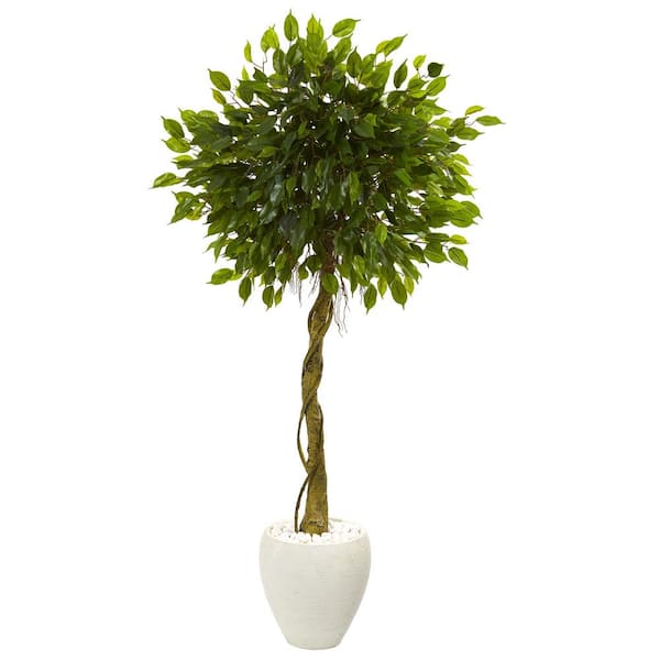 Nearly Natural 5.5 ft. High Indoor/Outdoor Ficus Artificial Tree in White Oval Planter