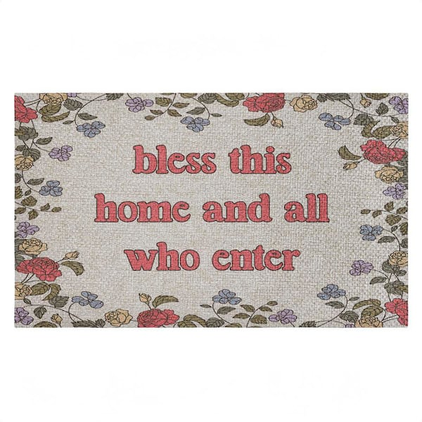 Retro Bless this Home Florals Multi-Colored 18 in. x 30 in. Polyester Non-Slip Outdoor Door Mat