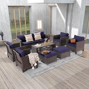 8-Piece Brown Wicker Outdoor Seating Sofa Set with Thickening Navy Blue Cushions