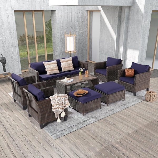 JOYESERY 8-Piece Brown Wicker Outdoor Seating Sofa Set with Ottomans and Coffee Table, Thickening Navy Blue Cushions