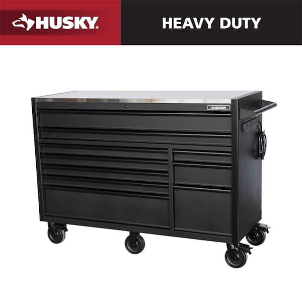 Modular Tool Storage 62 in. W X 24 in. D Heavy Duty Matte Black Mobile Workbench Cabinet with Stainless Steel Top