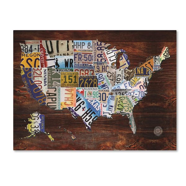 Trademark Fine Art 14 in. x 19 in. "USA License Plate Map on Wood" by Masters Fine Art Printed Canvas Wall Art