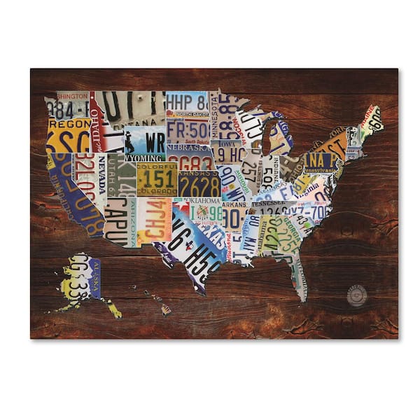 Trademark Fine Art 24 in. x 32 in. "USA License Plate Map on Wood" by Masters Fine Art Printed Canvas Wall Art