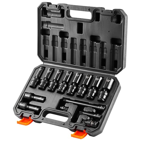 SKYSHALO 3/8 in. 360 Degree Swivel Impact Sockets Set 6 Point Drive Bit Ratchet Tool Kit Case (14-piece)