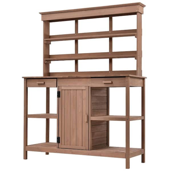 Polibi 49.2 in. W x 66 in. H Brown Potting Bench with 2 Drawers, Cabinet and Open Shelves