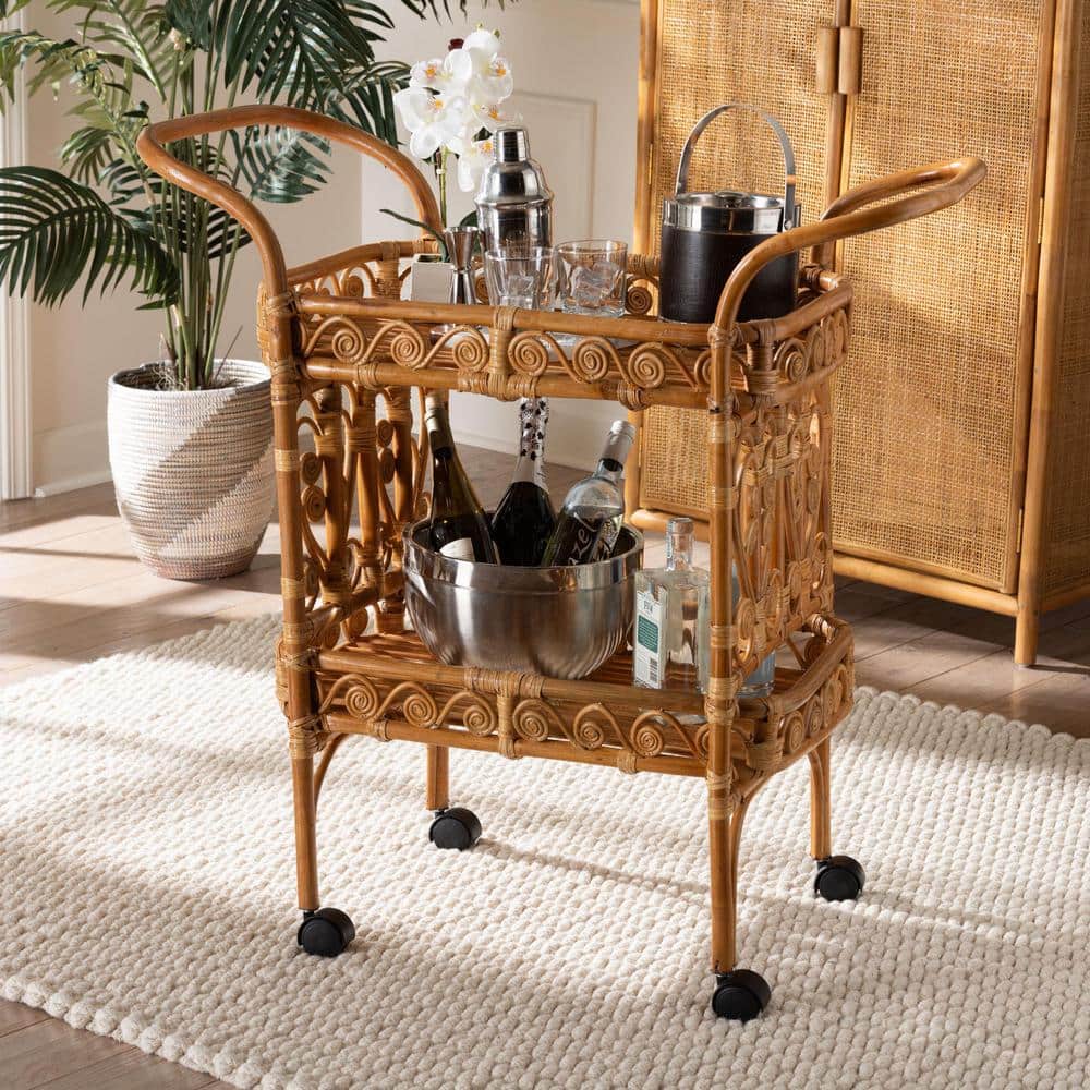 Natural Brown Rattan Round Kitchen Cart with Storage