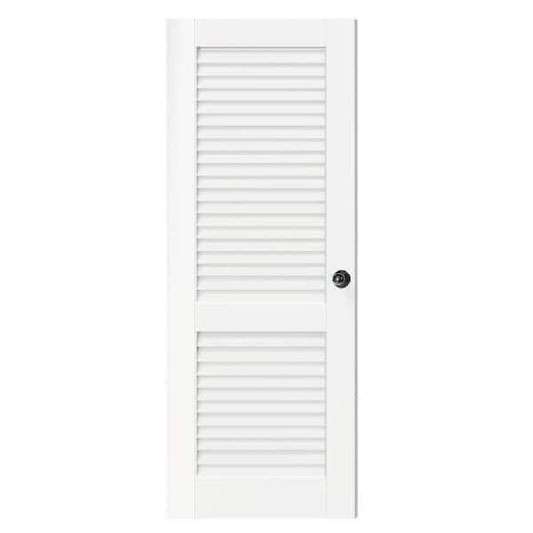 TENONER 32 in. x 80 in. Louvered Panel, Composite, Solid MDF Core, Primed, White Interior Door Slab with Black Goal Doorknob