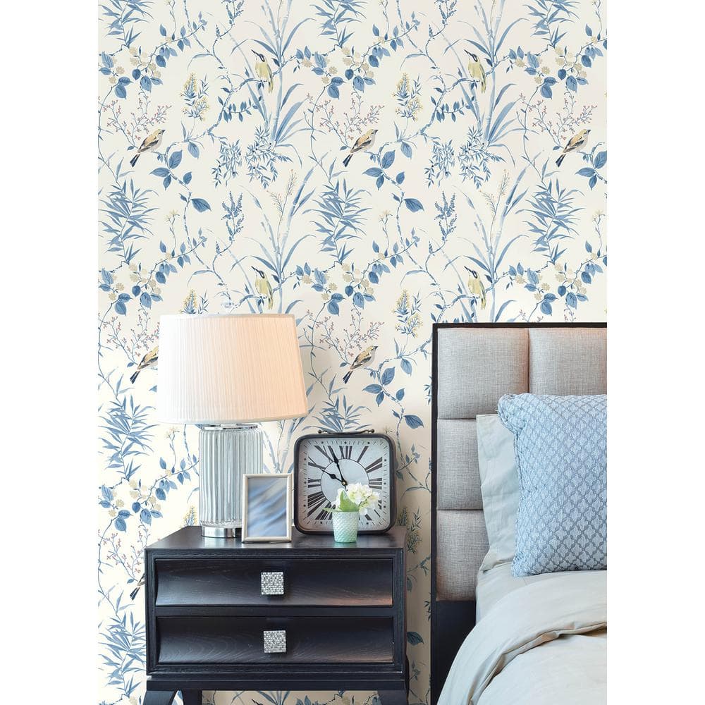Blue and White Vinyl Botanical Bird Peel and Stick Wallpaper