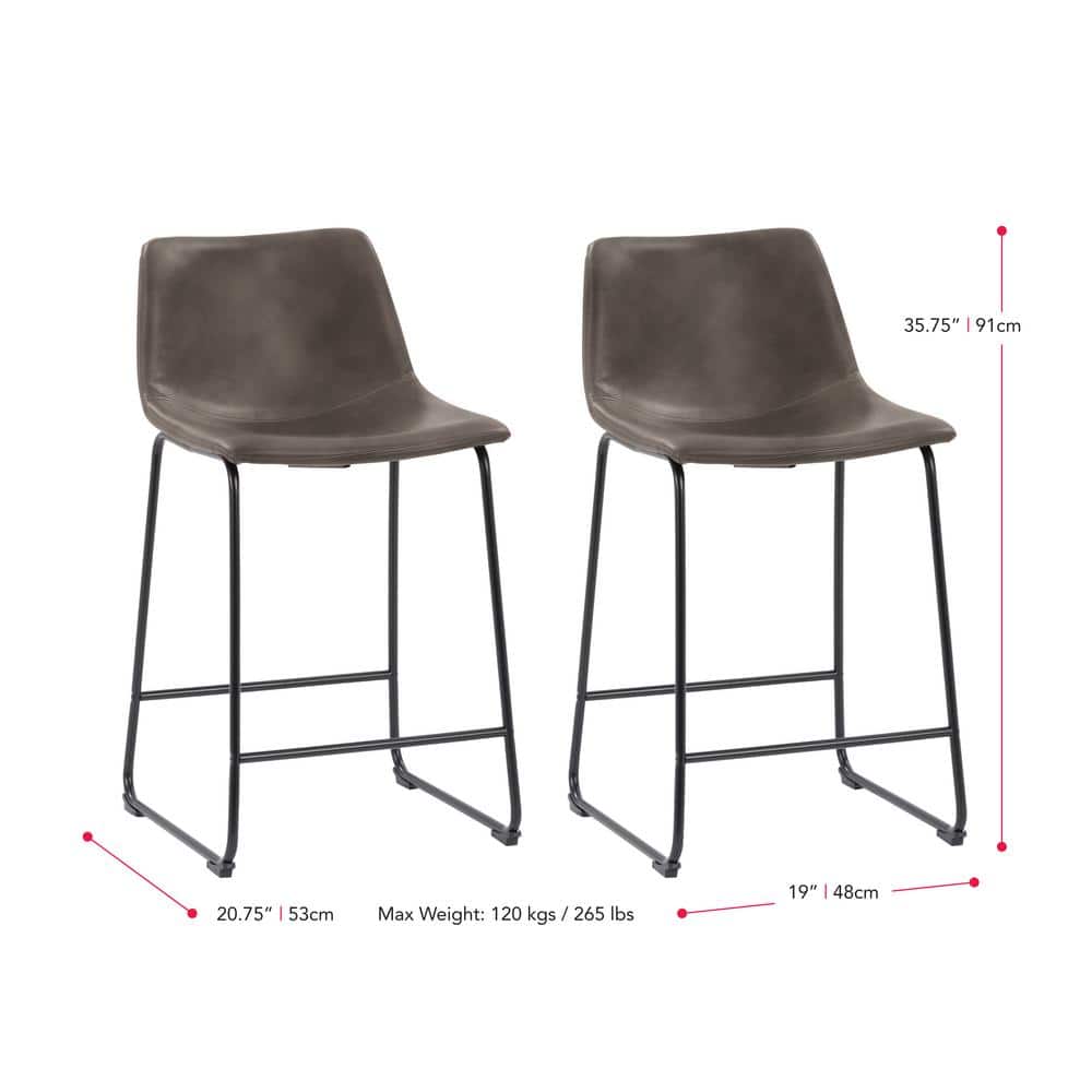 Gray Faux Leather and Metal Counter Height Barstools, Set of 2