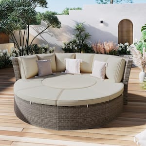 Patio Sectional Sofa Set of 5-Piece PE Wicker Round Outdoor Sunbed Day Bed with Round Liftable Table and Gray Cushions
