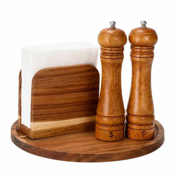 4-Piece Rustic Farmhouse Acacia Wood Napkin Holder, Salt and Pepper Shakers, and 12 in. Round Tray Set