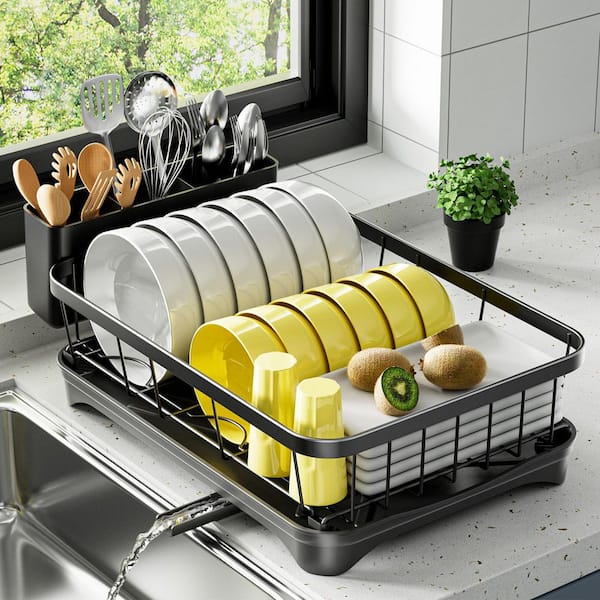 Lynzavix Black Space-Saving Dish Rack with Automatic Drainage and