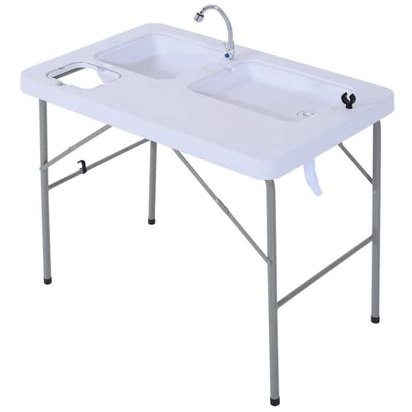 Unbranded White 40 in. HDPE Fish Table Sink Station, Folding Picnic Tables with Faucet and Dual Water Basins for Camping, Fishing