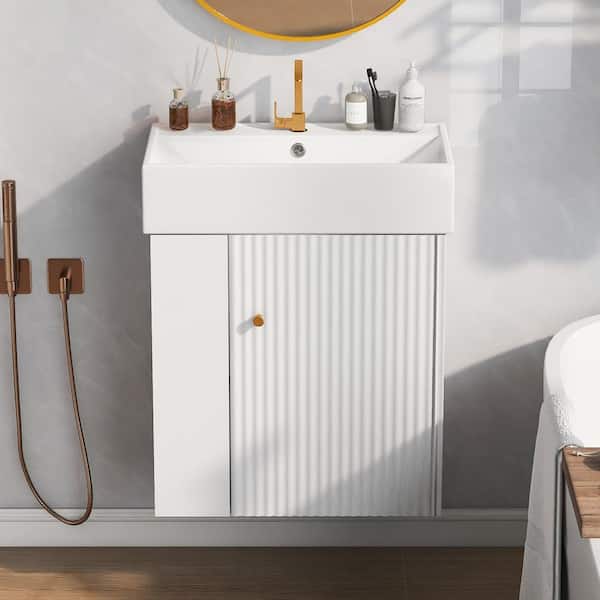 OLUMAT 21.6 in. W x 12 in. D x 26.4 in. H Single Sink Bath Vanity in White with White Ceramic Top, Left side door