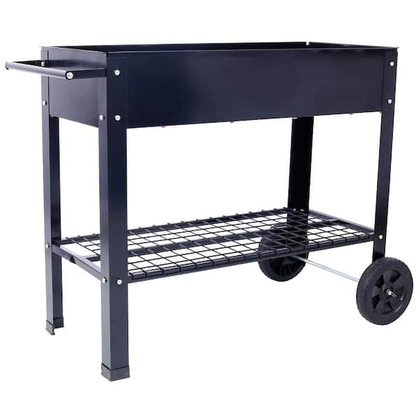 42 in. L x 21 in. W x 31 in. H Black Steel Raised Garden Bed Outdoor Planter w/2-Wheel and Open Shelf for Backyard Patio