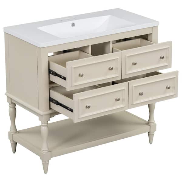 36 in. W x 18 in. D x 34 in. H Single Sink Freestanding Bath Vanity in Beige with White Cultured Marble Top