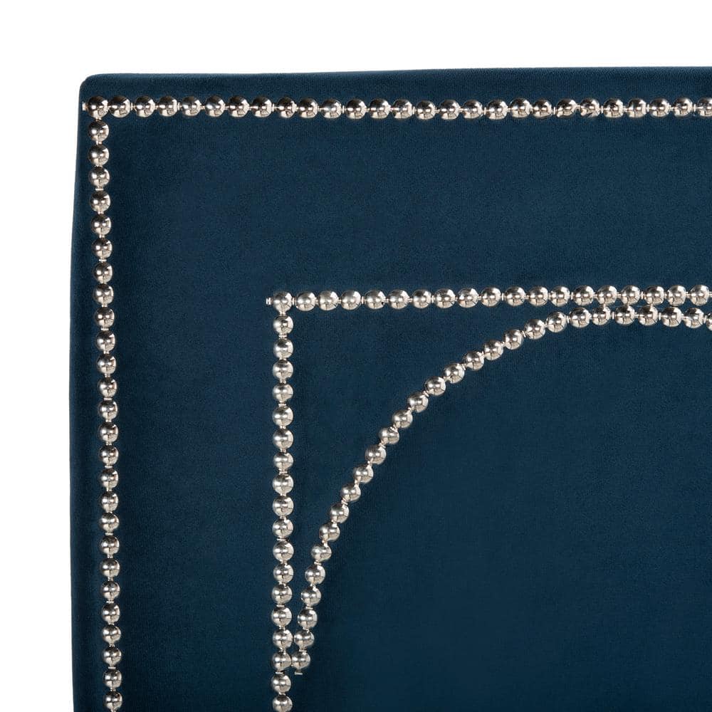 Navy Velvet Queen Platform Bed with Nailhead Trim