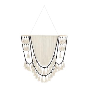 40 in. x  66 in. Cotton Fabric White Intricately Weaved Macrame Wall Decor with Beaded Fringe Tassels
