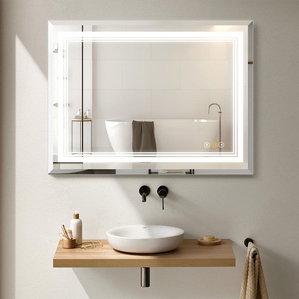 Stufurhome 48 in. W x 36 in. H Rectangular Beveled Edge 3 Colors Dimmable LED Anti-Fog Memory Wall Mount Bathroom Vanity Mirror