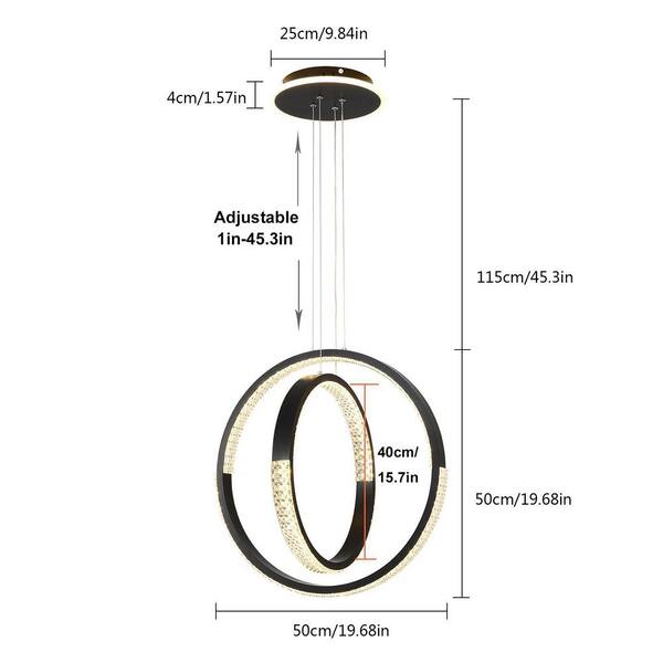 OUKANING 48-Watt Integrated LED Black Modern Dimmable 2 Rings 