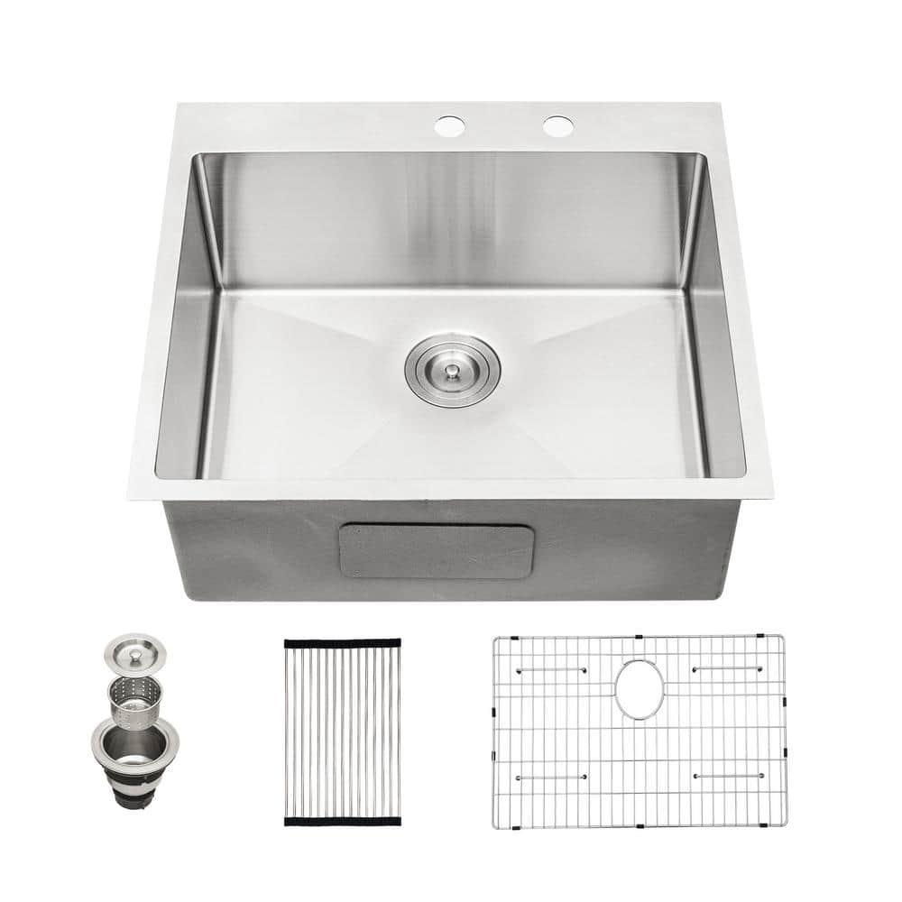 25 in. Drop-In/Topmount Single Bowl 16 Gauge Stainless Steel Round Corner Kitchen Sink with Bottom Grid -  Sarlai, AGDM33T