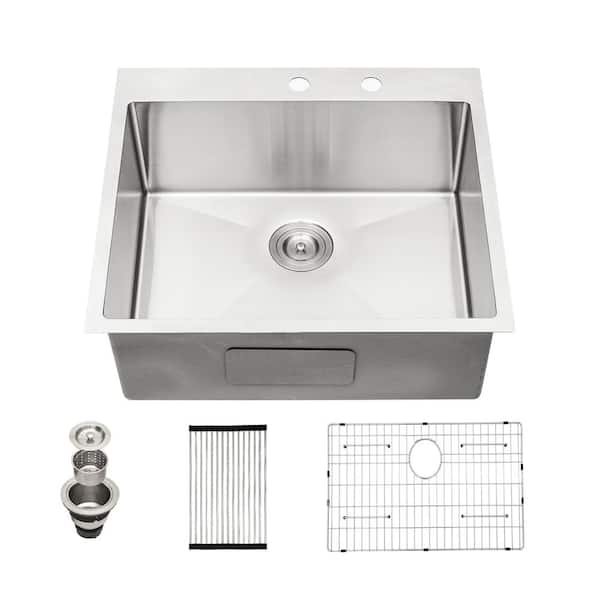 Sarlai 25 in. Drop-In/Topmount Single Bowl 16 Gauge Stainless Steel Round Corner Kitchen Sink with Bottom Grid