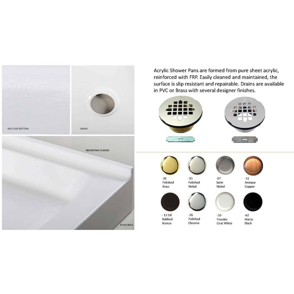 60'' White Acrylic Rectangular Shower Base with Polished Chrome Drain