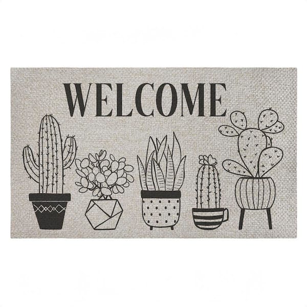 Various Potted Cactus Welcome Black 18 in. x 30 in. Polyester Non-Slip Outdoor Door Mat