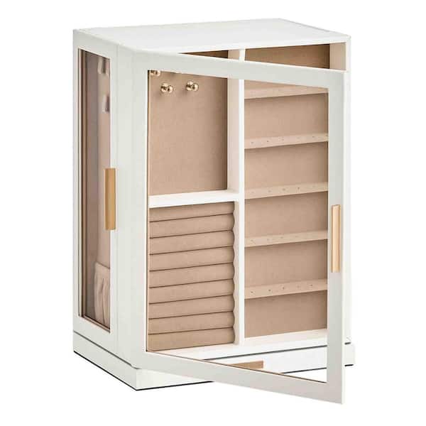 White PU leather 360° rotating jewelry box with 6 drawers and