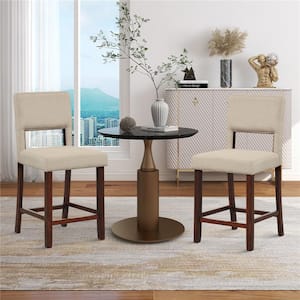 24.5 in. Beige Upholstered Linen Bar Stools Wooden Dining Chairs with Back (Set of 2)