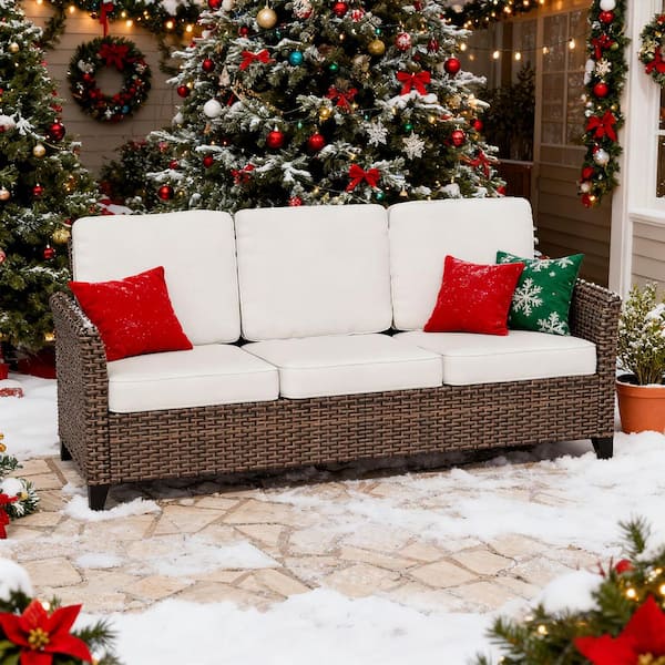 EAGLE PEAK 2-Color Brown Wicker Outdoor Patio 3 Seater Sofa Couch with Beige Cushions, Wide Armrest