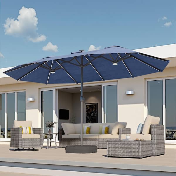 Alpine A 15 ft. Solar LED Outdoor Patio Double-Sided Market Patio Umbrella, UV Protection with Base in Navy Blue
