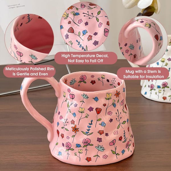 Numhew 20 oz. Pink Ceramic Summer Floral Irregular Oversized Coffee Mug with Handmade Big Handle for Daily Drinks (Set of 1)
