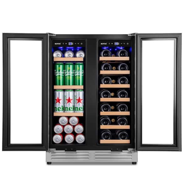 24 in. Dual Zone 20-Bottle and 70-Can Beverage & Wine Cooler Four Door Handles Beer Refrigerator in Silver Blue LEDs