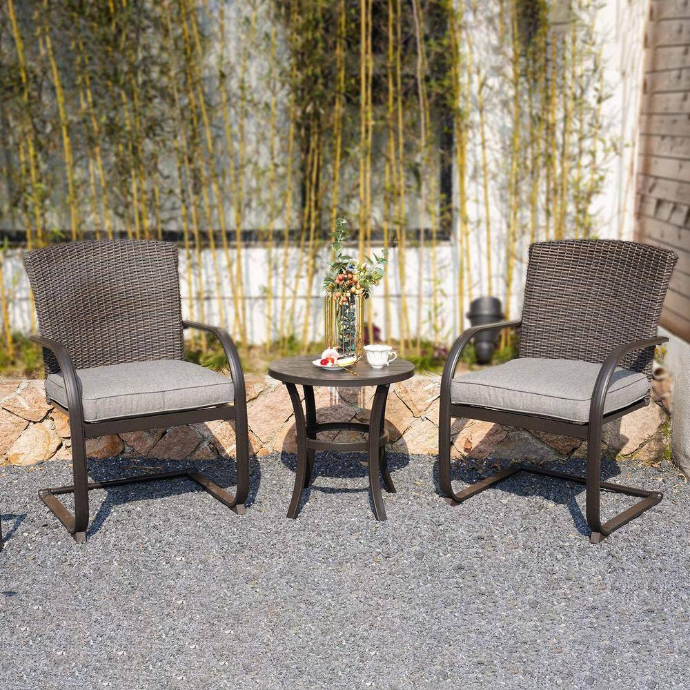3-Piece Dark Brown PE Wicker Rattan Outdoor Patio Conversation Set with Gra