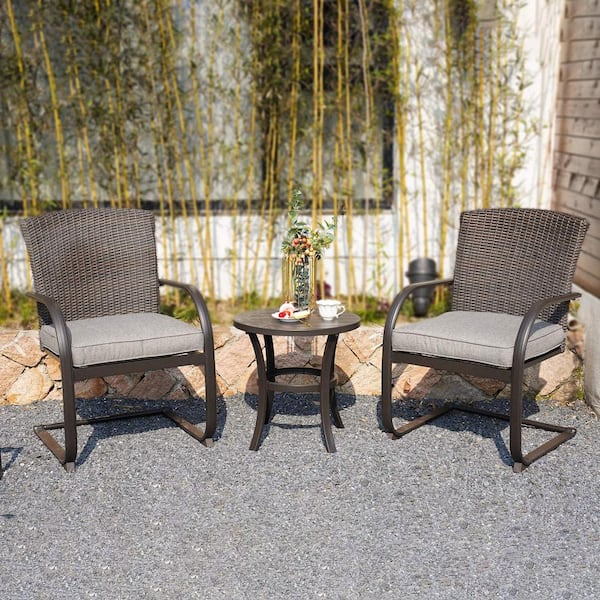 Anvil 3-Piece Dark Brown PE Wicker Rattan Outdoor Patio Conversation Set with Gray Cushions and Round Coffee Table