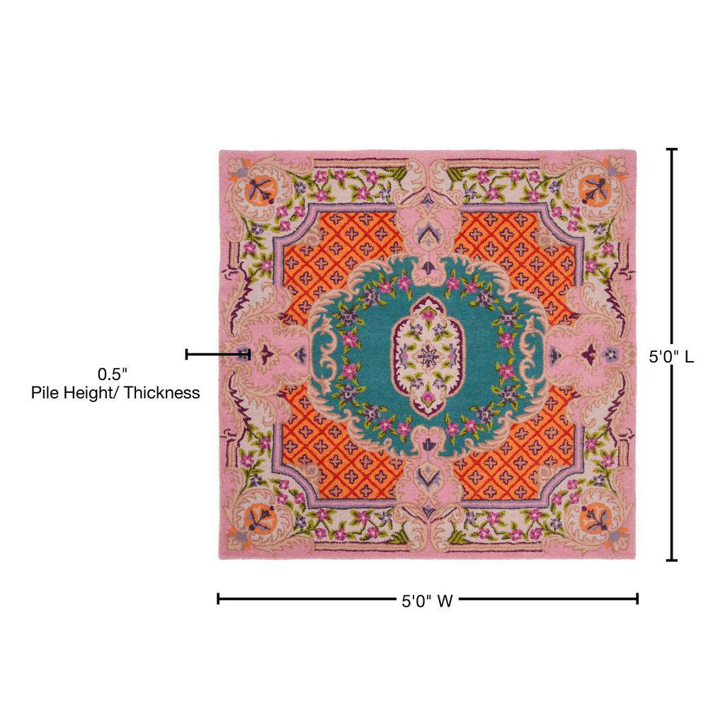 Handmade Tufted Medallion 5' Square Rug in Blue/Pink Wool & Viscose