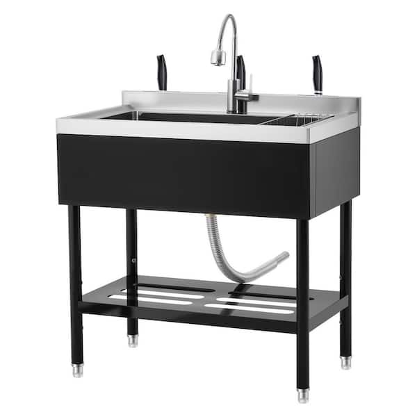 Freest&ing Laundry/Utility Sink, Stainless Steel with Faucet, Storage Shelf, Adjustable Legs, Hot/Cold Water Pipe, Black