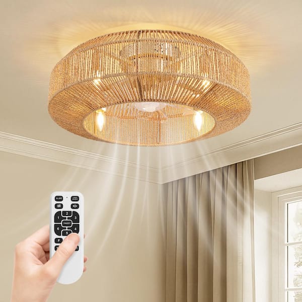 Boho 24 in. Indoor Gold Rattan Caged Drum Flush Mount Ceiling Fan Light with Remote/APP Control (No Bulbs Included)