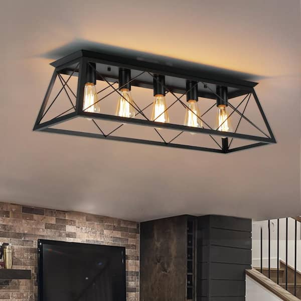 Tresson 31.5 in. 5-Light Modern Farmhouse Matte Black Metal Flush Mount Ceiling Light for Living Room Kitchen Island